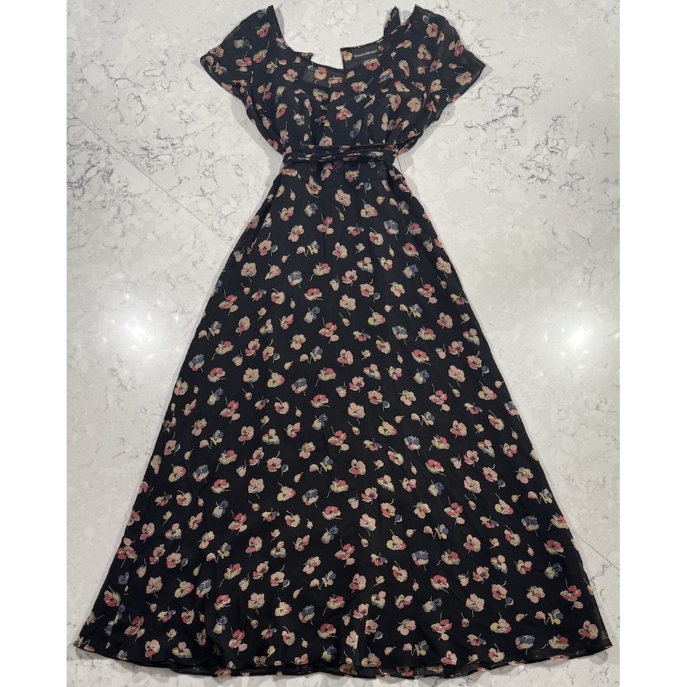 VTG 90s Banana Republic Maxi Dress Womens 4 Black Rayon Ditsy Floral Whimsigoth